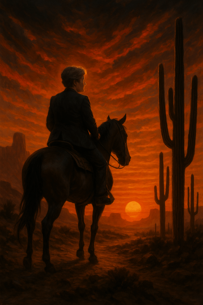 Tracie Lindeman on a horse riding into a vivid sunset.